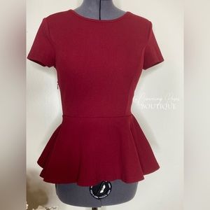 XS SHEIN Maroon Red Short Sleeve Peplum Waist Top w/ Side Zipper and Scoop Neck